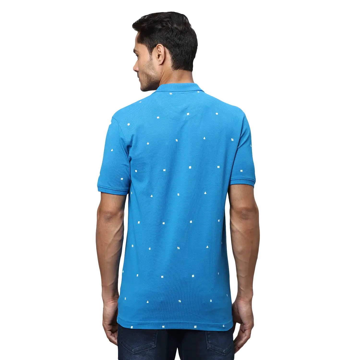 Men Blue Slim Fit Print Cotton Round Neck Collar Polo T-Shirt - Image 4
