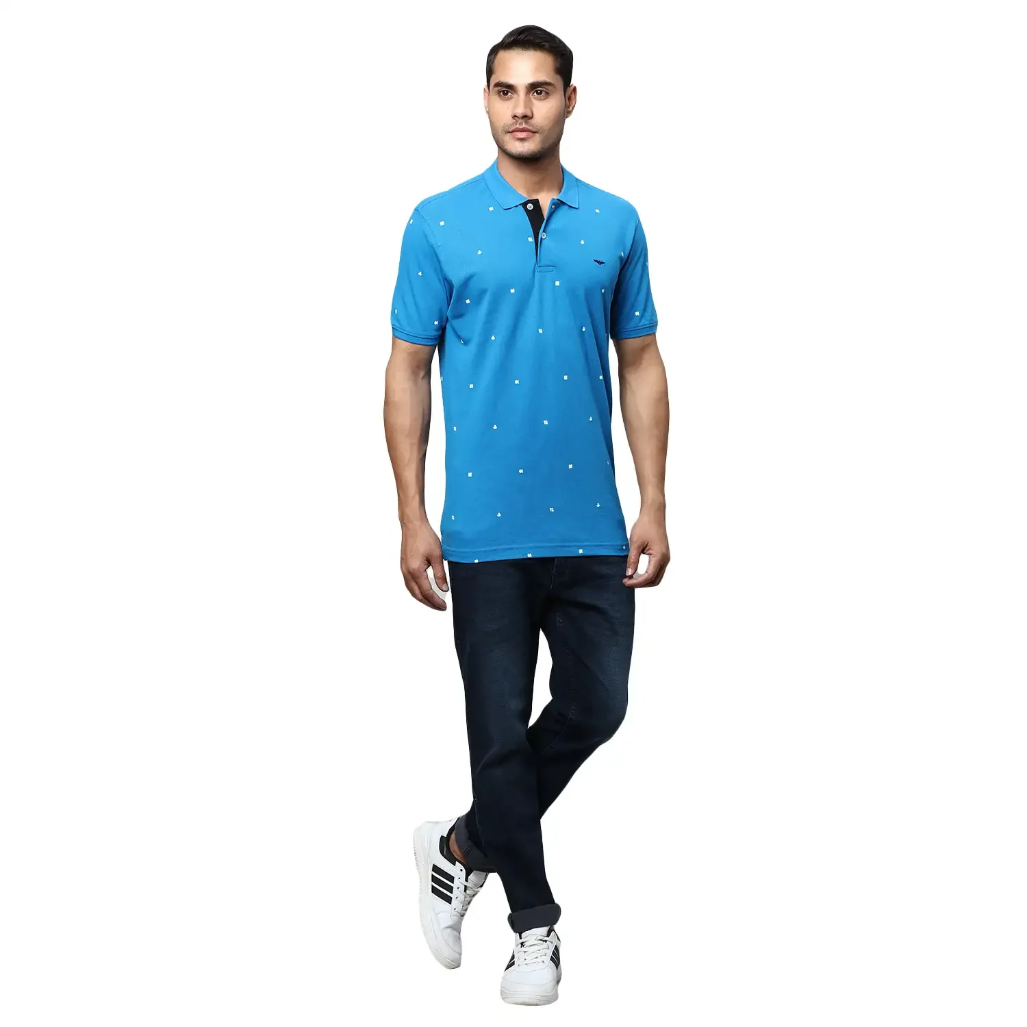 Men Blue Slim Fit Print Cotton Round Neck Collar Polo T-Shirt - Image 5