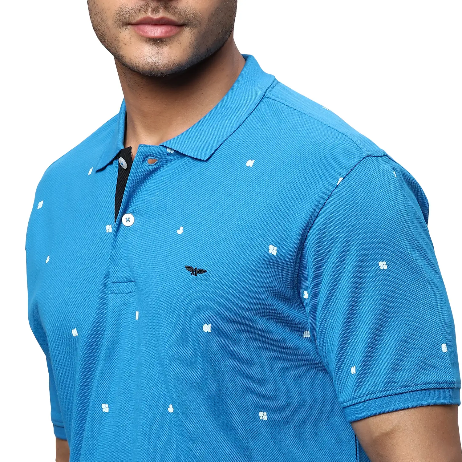 Men Blue Slim Fit Print Cotton Round Neck Collar Polo T-Shirt - Image 6