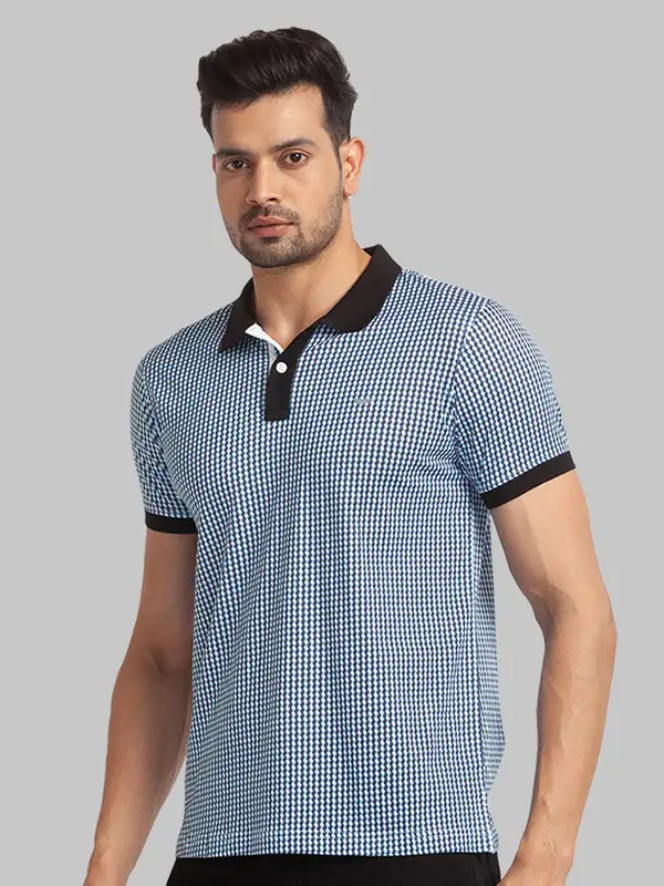 Men Blue Slim Fit Print Cotton Round Neck Collar Polo T-Shirt - Image 3