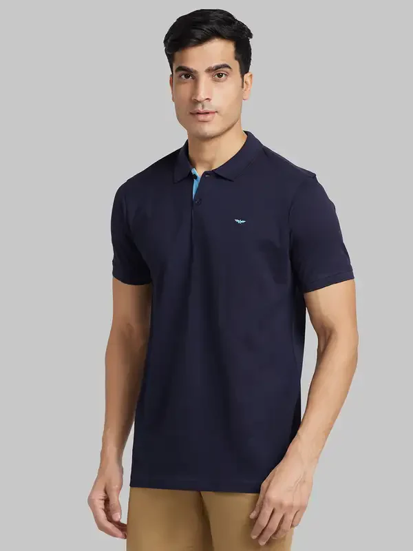 Men Blue Slim Fit Print Cotton Round Neck Collar Polo T-Shirt - Image 3
