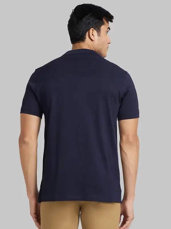 Men Blue Slim Fit Print Cotton Round Neck Collar Polo T-Shirt - Image 4