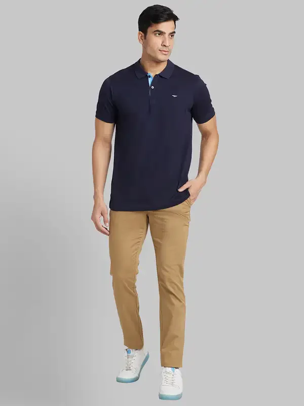 Men Blue Slim Fit Print Cotton Round Neck Collar Polo T-Shirt - Image 5