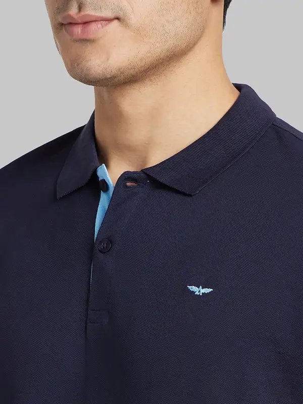 Men Blue Slim Fit Print Cotton Round Neck Collar Polo T-Shirt - Image 6