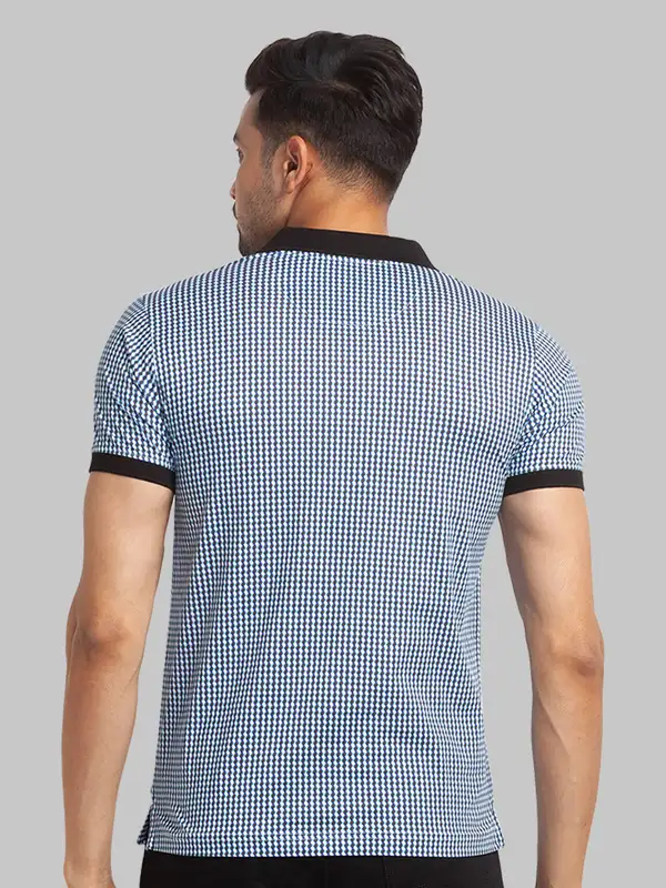Men Blue Slim Fit Print Cotton Round Neck Collar Polo T-Shirt - Image 4