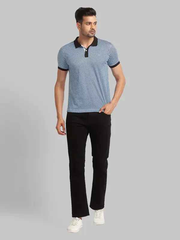 Men Blue Slim Fit Print Cotton Round Neck Collar Polo T-Shirt - Image 5