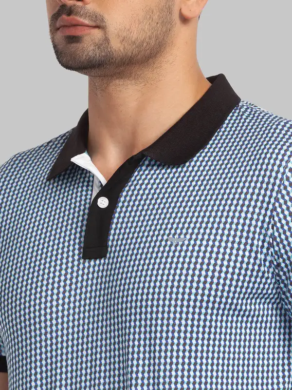 Men Blue Slim Fit Print Cotton Round Neck Collar Polo T-Shirt - Image 6