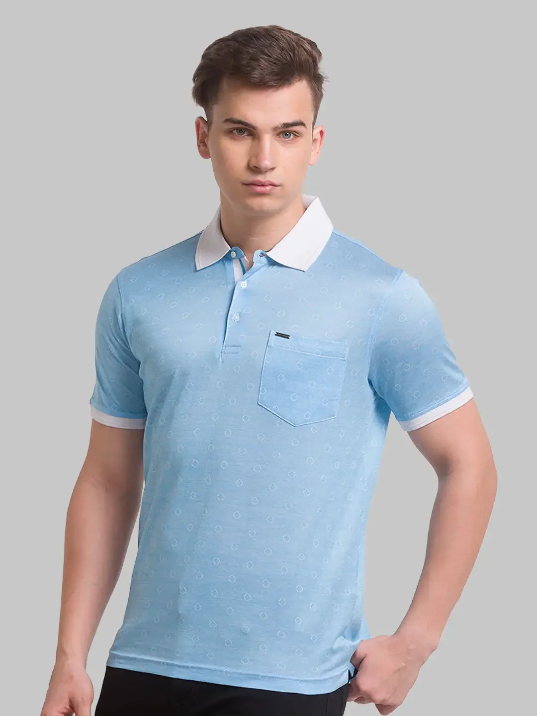 Men Blue Slim Fit Print Cotton Round Neck Collar Polo T-Shirt