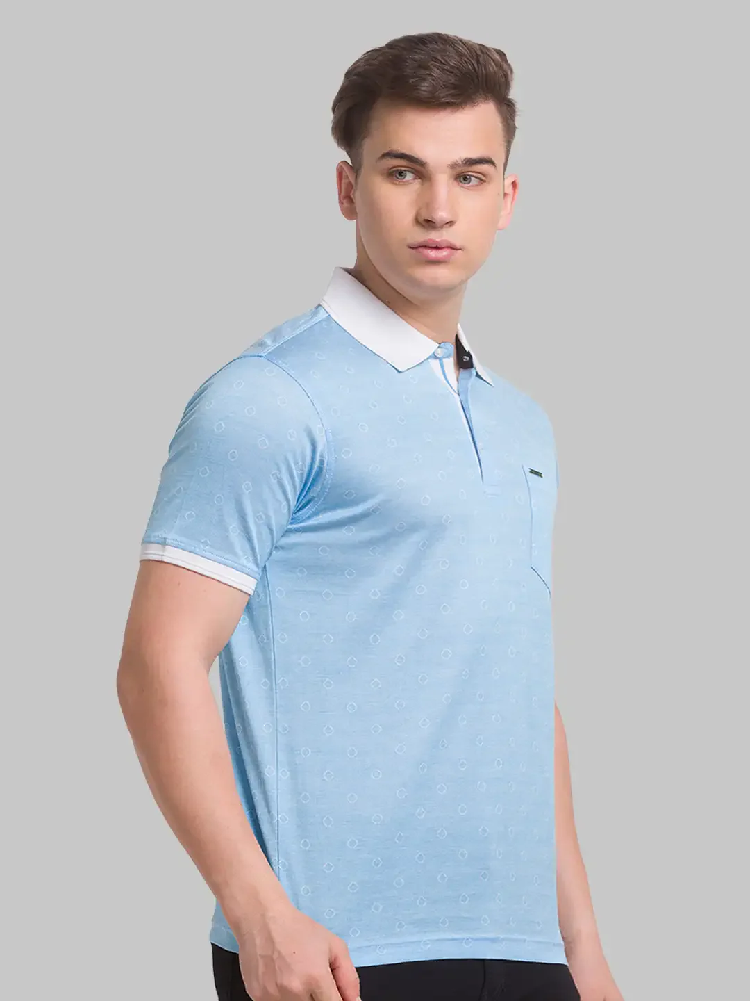 Men Blue Slim Fit Print Cotton Round Neck Collar Polo T-Shirt - Image 3