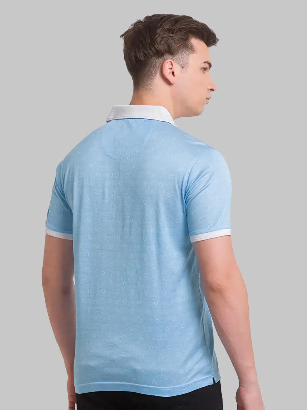 Men Blue Slim Fit Print Cotton Round Neck Collar Polo T-Shirt - Image 4