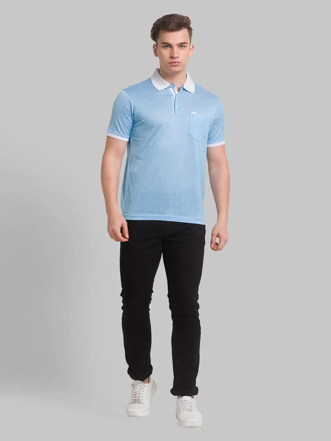 Men Blue Slim Fit Print Cotton Round Neck Collar Polo T-Shirt - Image 5