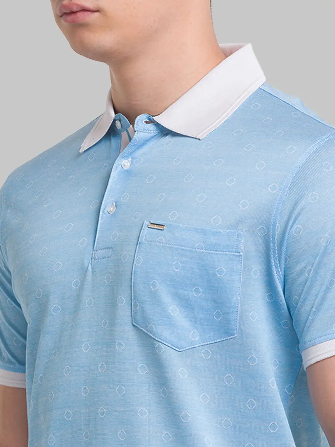 Men Blue Slim Fit Print Cotton Round Neck Collar Polo T-Shirt - Image 6