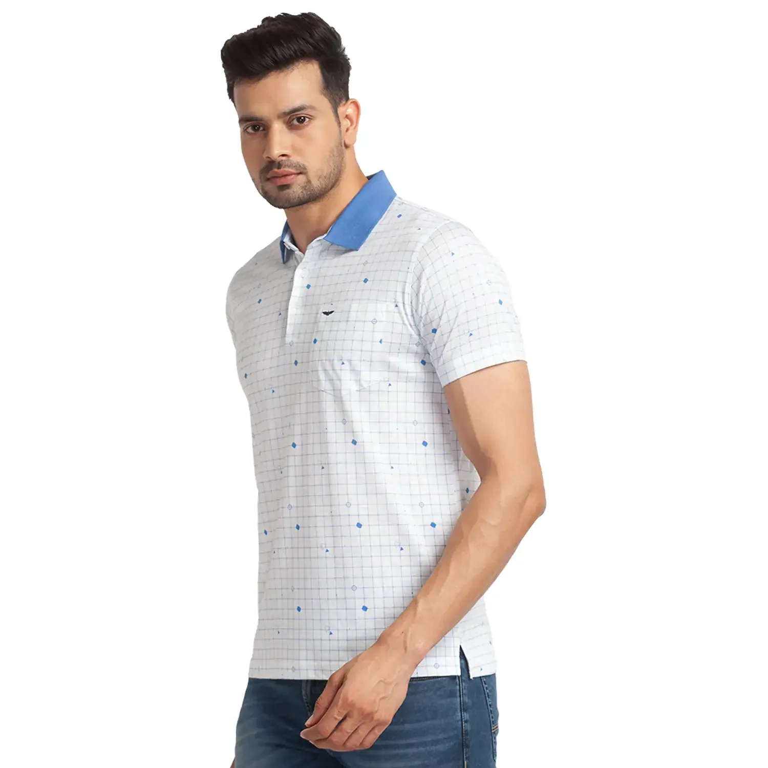 Park Avenue Men Blue Slim Fit Printed Polo Neck Collar T-Shirt - Image 3