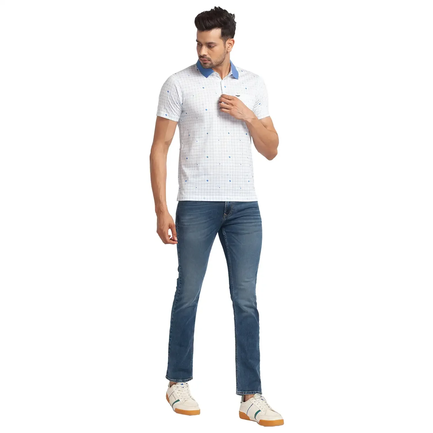 Park Avenue Men Blue Slim Fit Printed Polo Neck Collar T-Shirt - Image 6