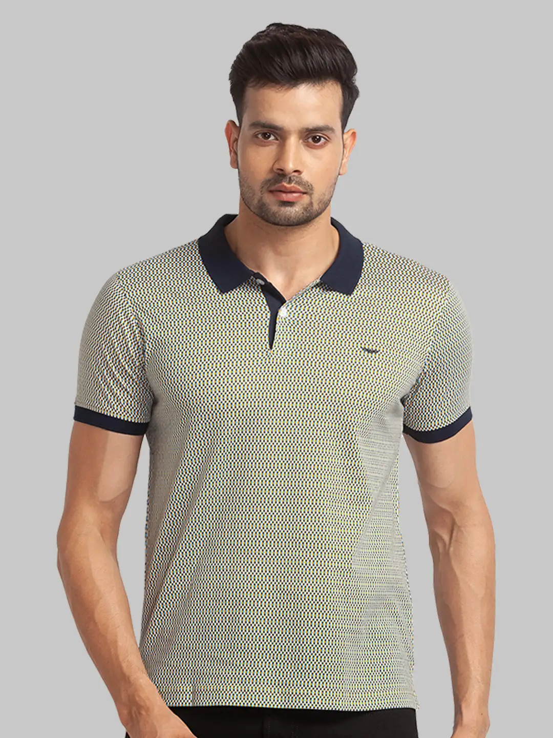 Men Blue Slim Fit Print Cotton Round Neck Collar Polo T-Shirt