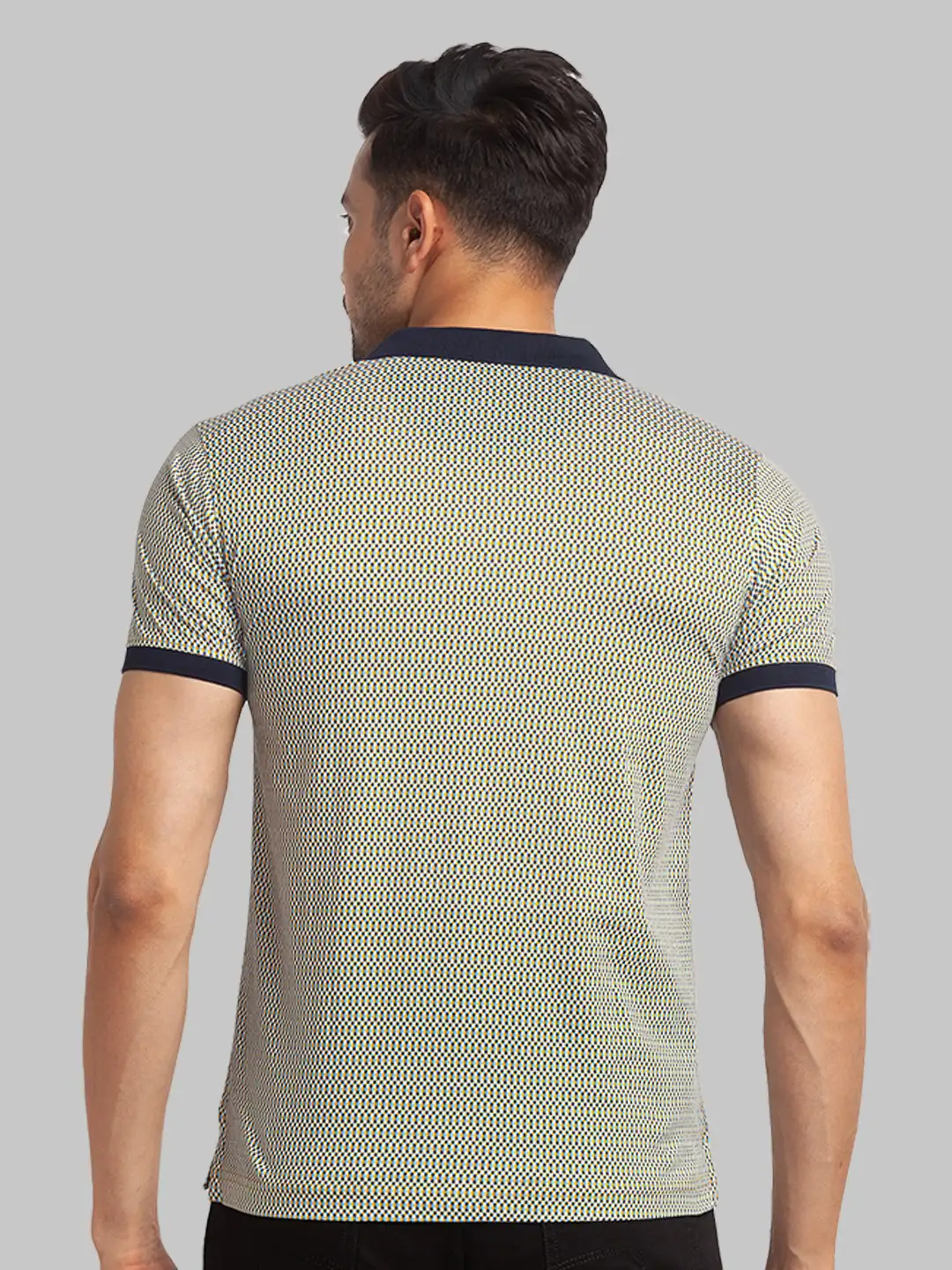 Men Blue Slim Fit Print Cotton Round Neck Collar Polo T-Shirt - Image 4