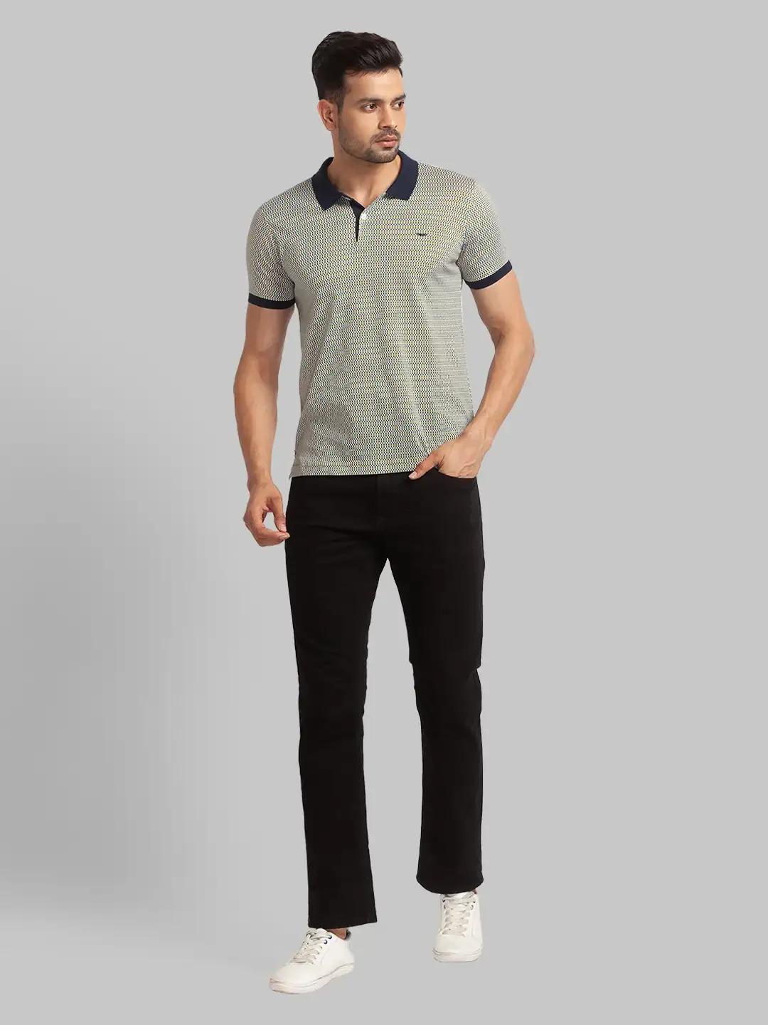 Men Blue Slim Fit Print Cotton Round Neck Collar Polo T-Shirt - Image 5