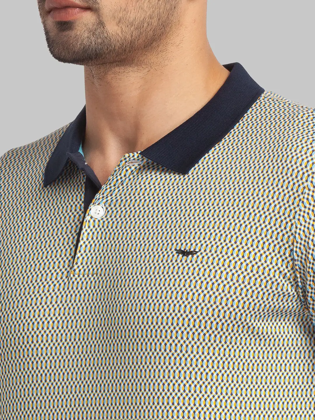 Men Blue Slim Fit Print Cotton Round Neck Collar Polo T-Shirt - Image 6
