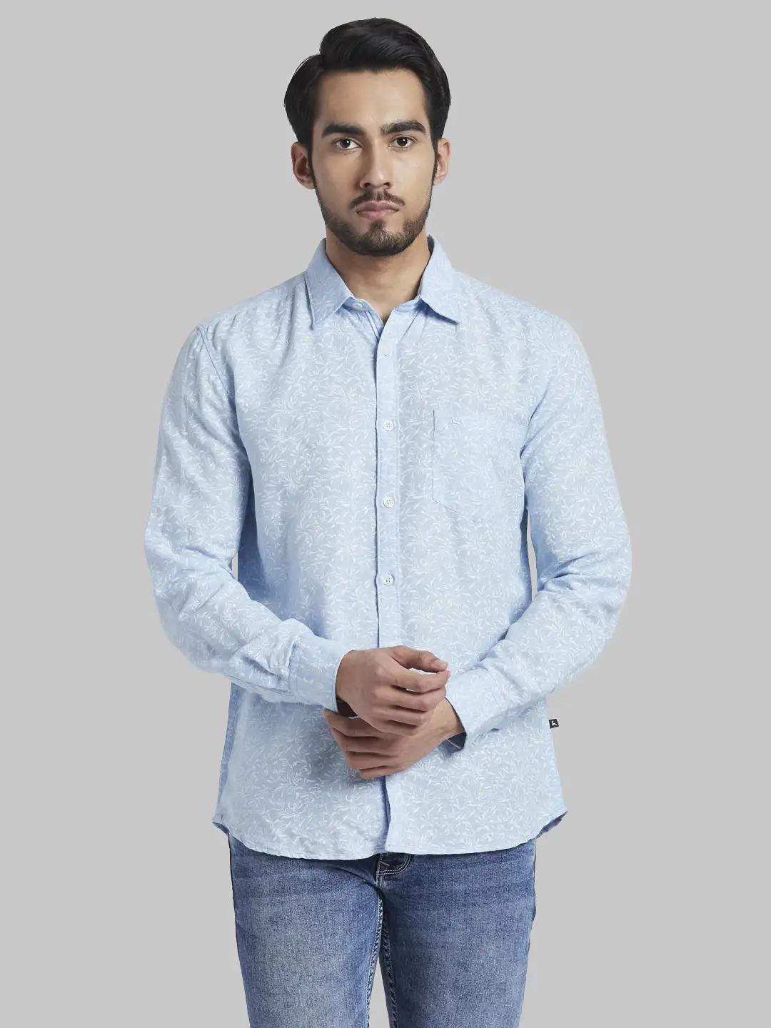 Men Blue Slim Fit Print Linen Cotton Blend Full Sleeve Shirts