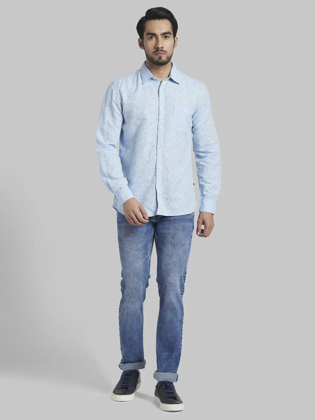 Men Blue Slim Fit Print Linen Cotton Blend Full Sleeve Shirts - Image 5