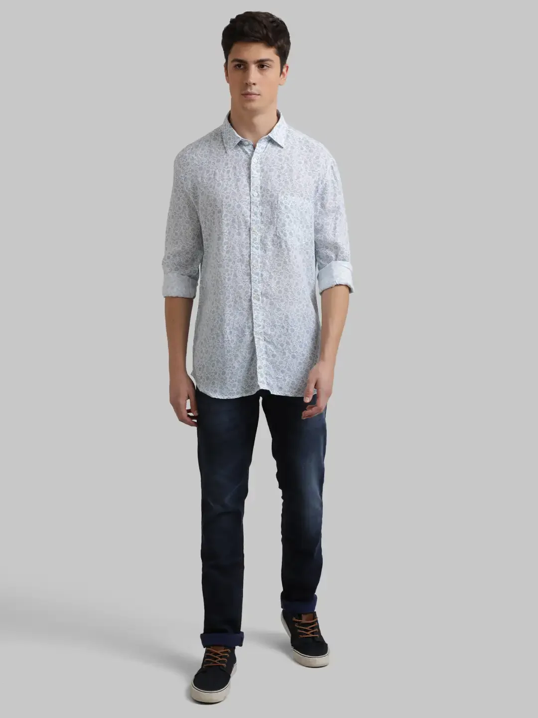 Men Blue Slim Fit Print Linen Full Sleeve Shirts - Image 5