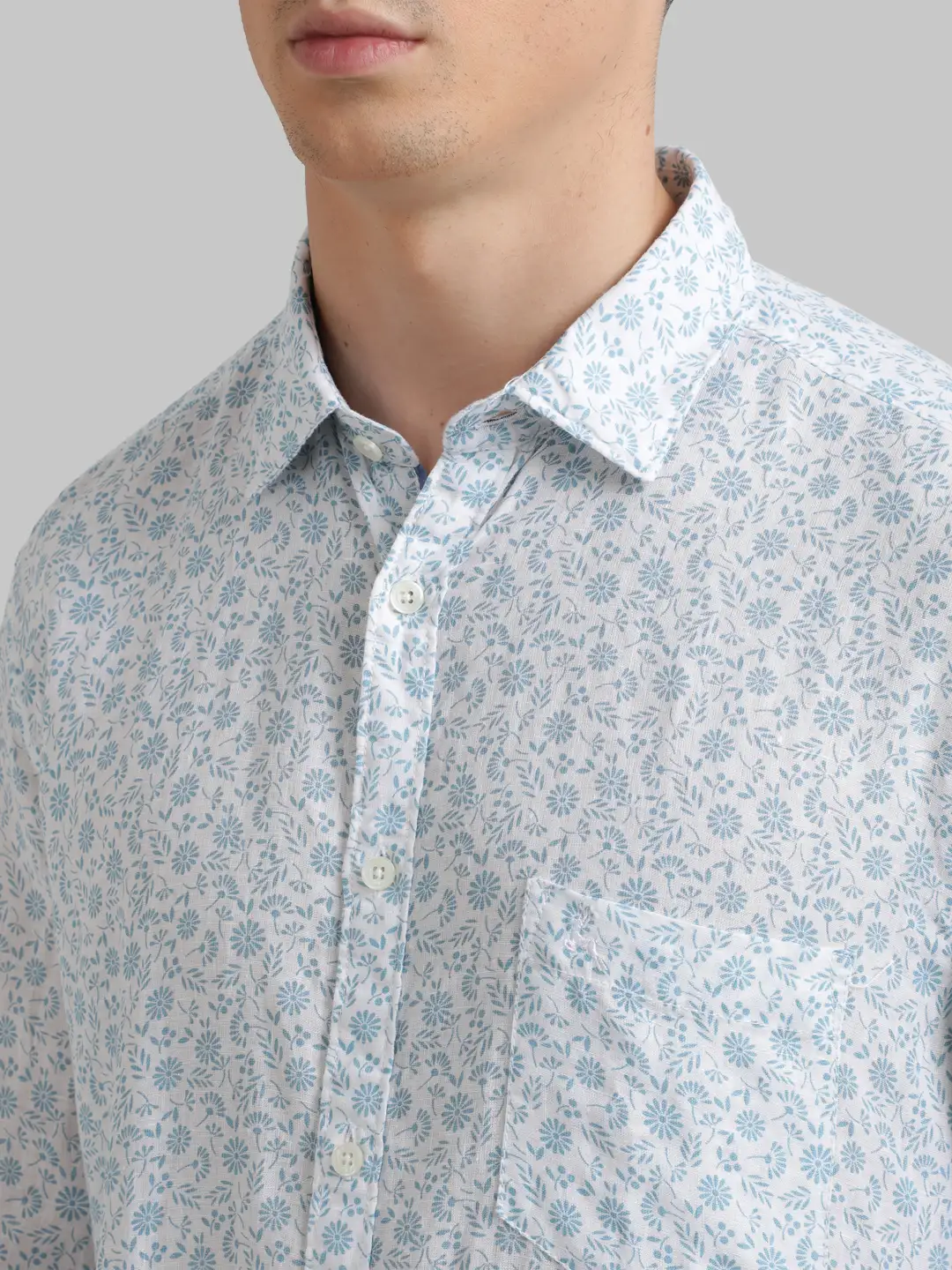 Men Blue Slim Fit Print Linen Full Sleeve Shirts - Image 6