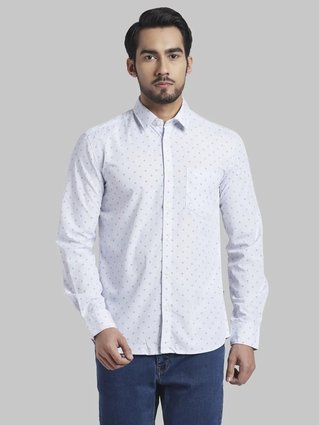 Men Blue Slim Fit Print Polyester Blend Full Sleeve Shirts