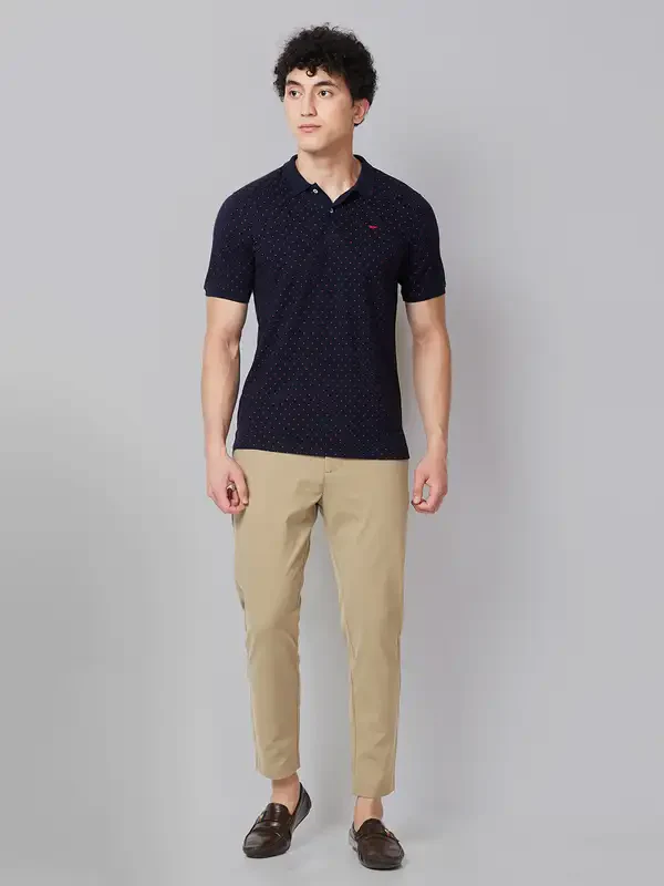 Men Blue Slim Fit Print Polyester Blend Round Neck Collar Polo T-Shirt - Image 5