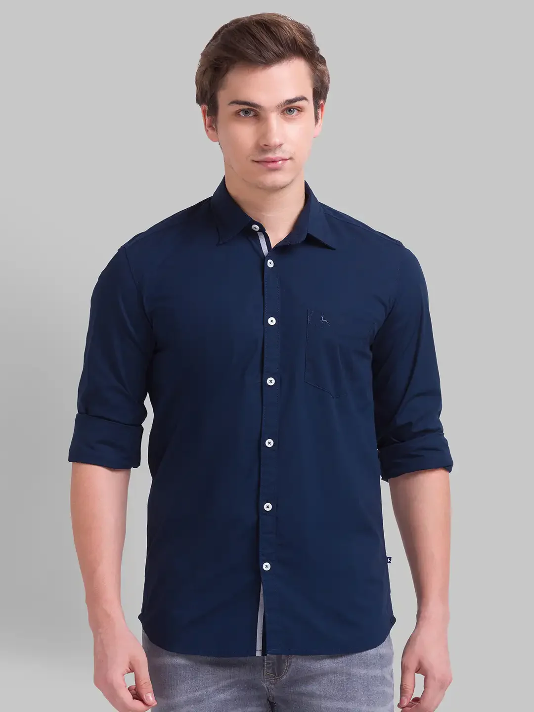 Men Blue Slim Fit Solid Cotton Blend Full Sleeve Shirts