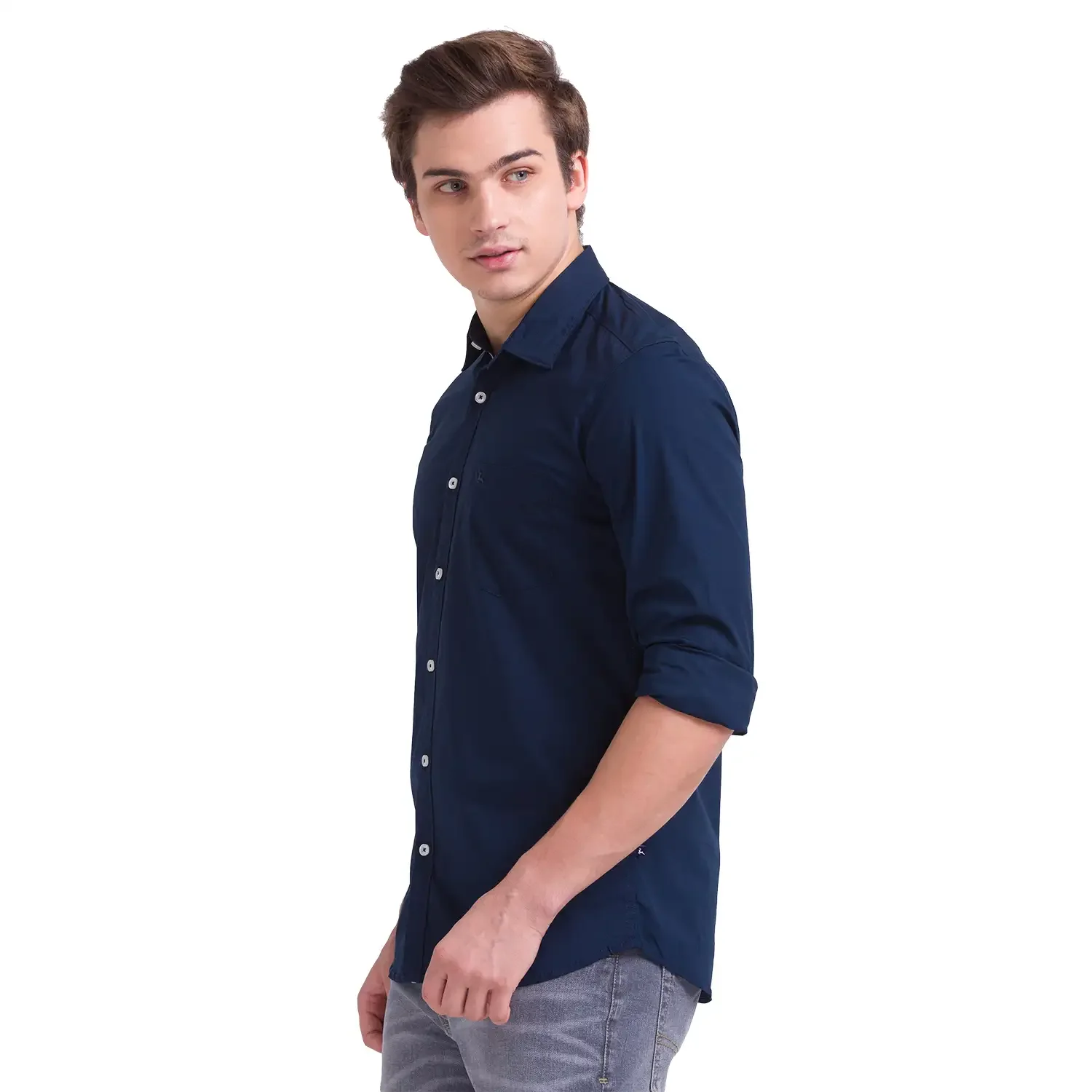 Men Blue Slim Fit Solid Cotton Blend Full Sleeve Shirts - Image 3