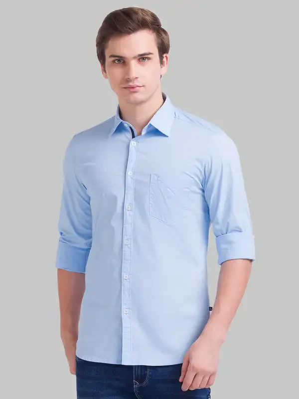 Men Blue Slim Fit Solid Cotton Blend Full Sleeve Shirts