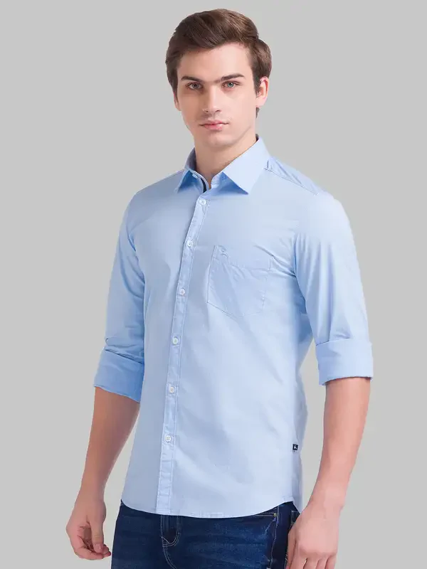 Men Blue Slim Fit Solid Cotton Blend Full Sleeve Shirts - Image 3
