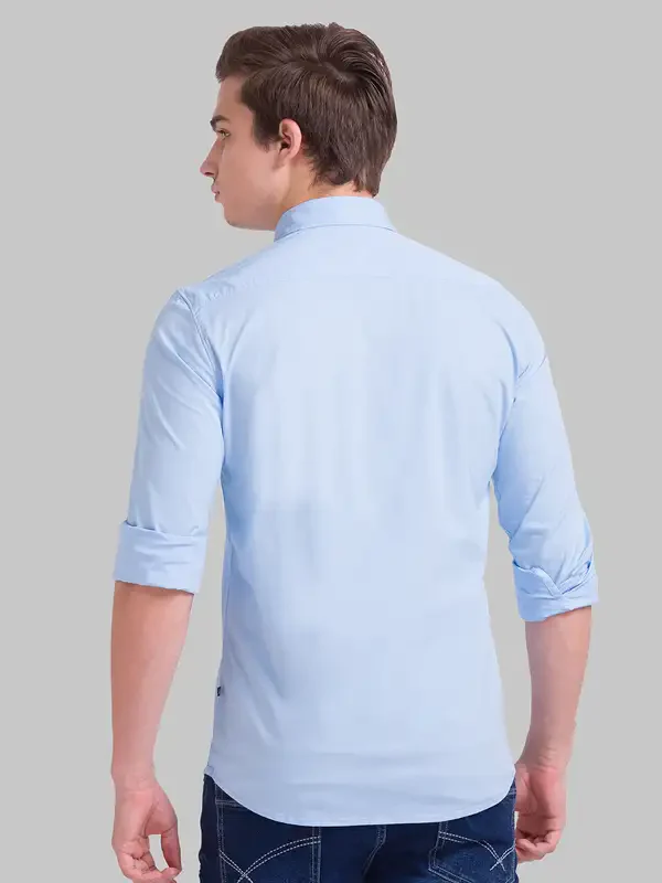 Men Blue Slim Fit Solid Cotton Blend Full Sleeve Shirts - Image 4