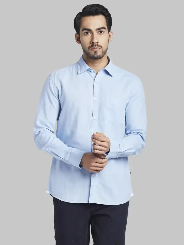 Men Blue Slim Fit Solid Cotton Blend Full Sleeve Shirts