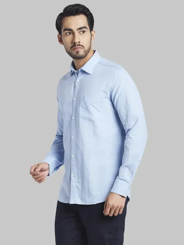 Men Blue Slim Fit Solid Cotton Blend Full Sleeve Shirts - Image 3