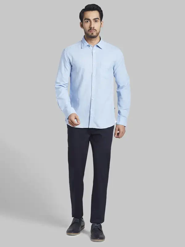 Men Blue Slim Fit Solid Cotton Blend Full Sleeve Shirts - Image 5