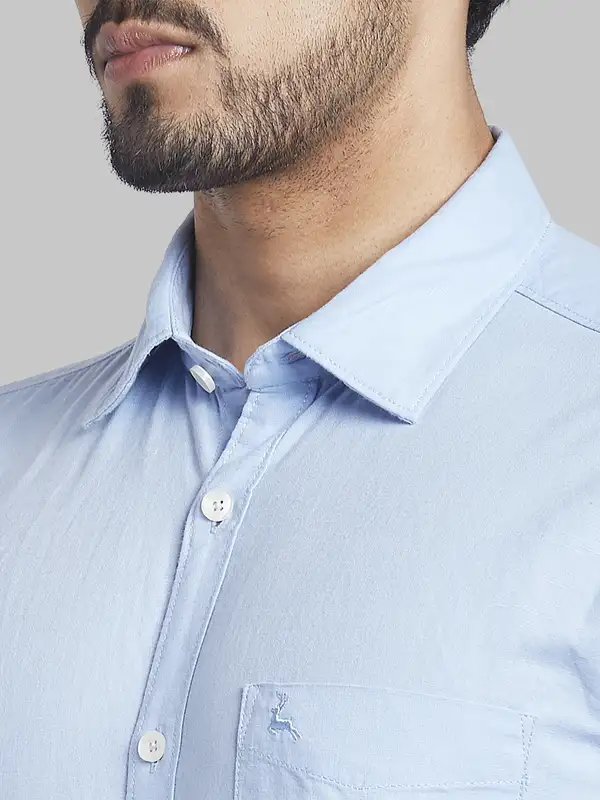 Men Blue Slim Fit Solid Cotton Blend Full Sleeve Shirts - Image 6