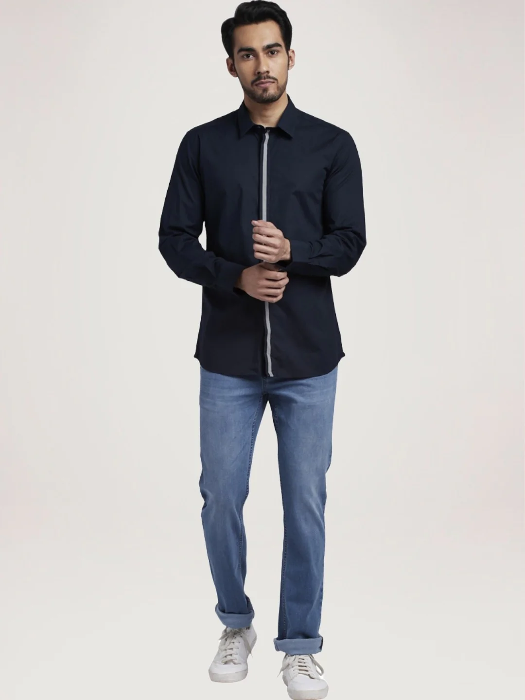 Men Blue Slim Fit Solid Cotton Blend Full Sleeve Shirts - Image 2