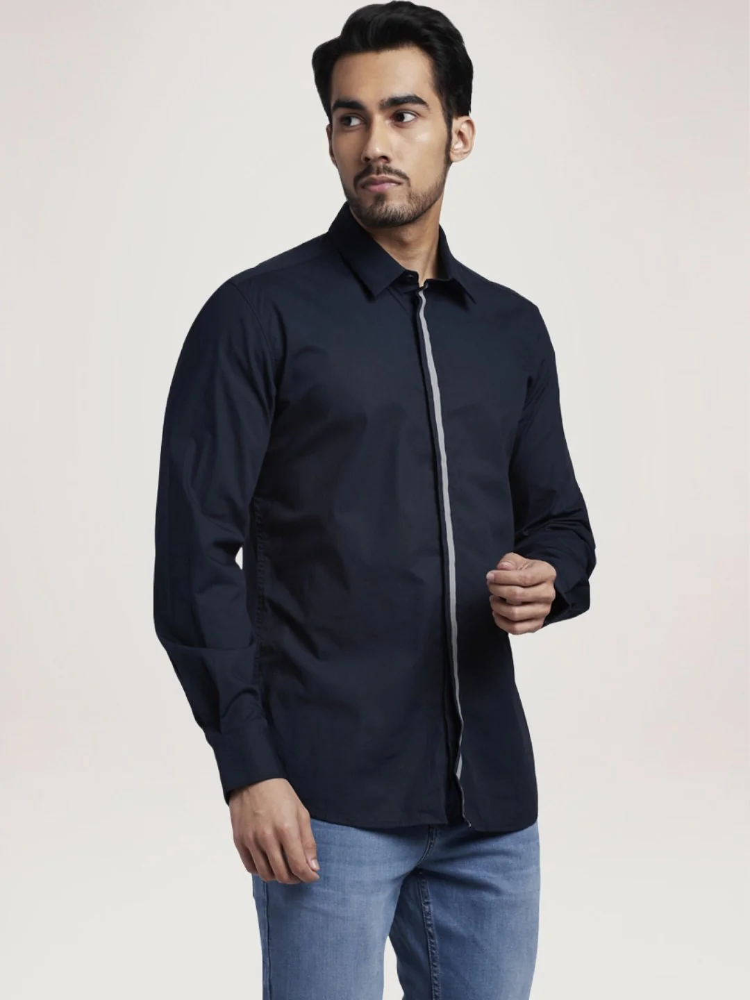 Men Blue Slim Fit Solid Cotton Blend Full Sleeve Shirts - Image 5