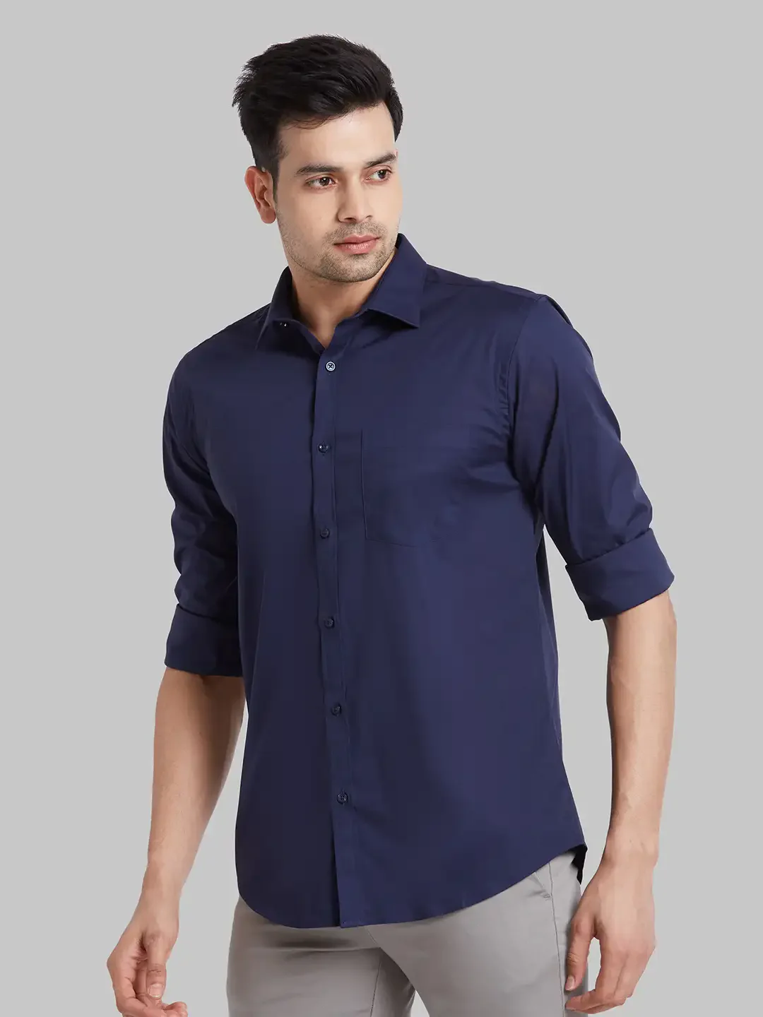 Men Blue Slim Fit Solid Cotton Blend Shirts - Image 3