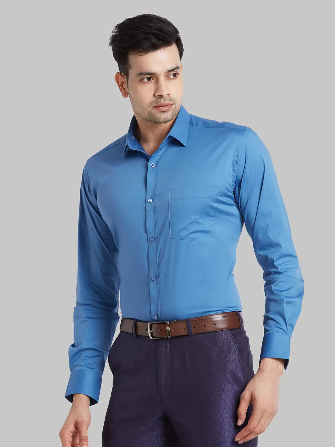 Men Blue Slim Fit Solid Cotton Blend   Shirts - Image 3