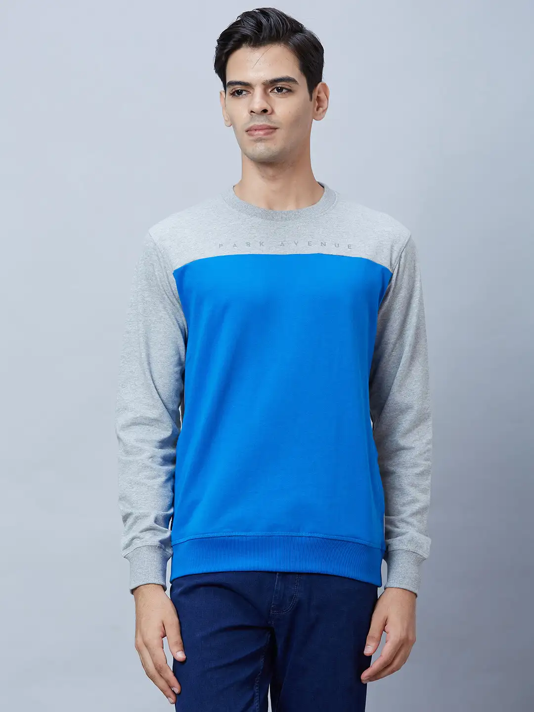 Men Blue Slim Fit Solid Cotton Blend Sweatshirts