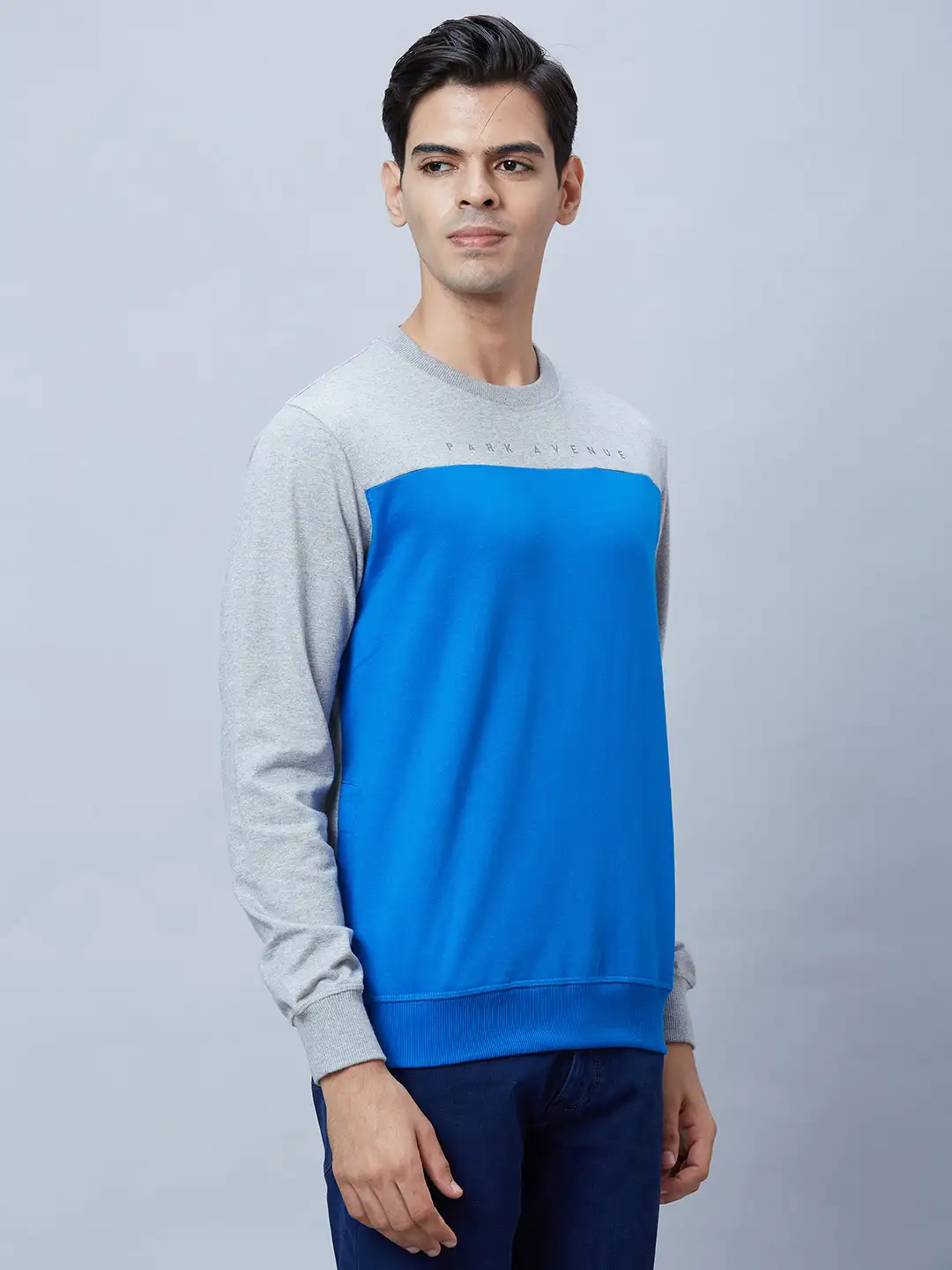 Men Blue Slim Fit Solid Cotton Blend Sweatshirts - Image 2