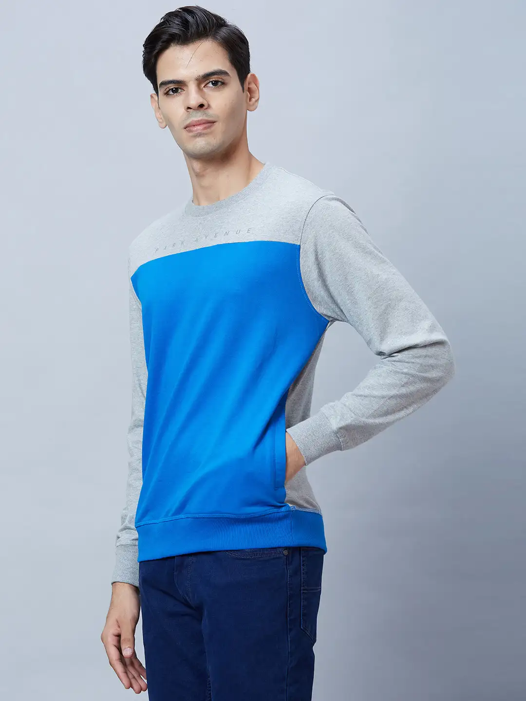 Men Blue Slim Fit Solid Cotton Blend Sweatshirts - Image 3