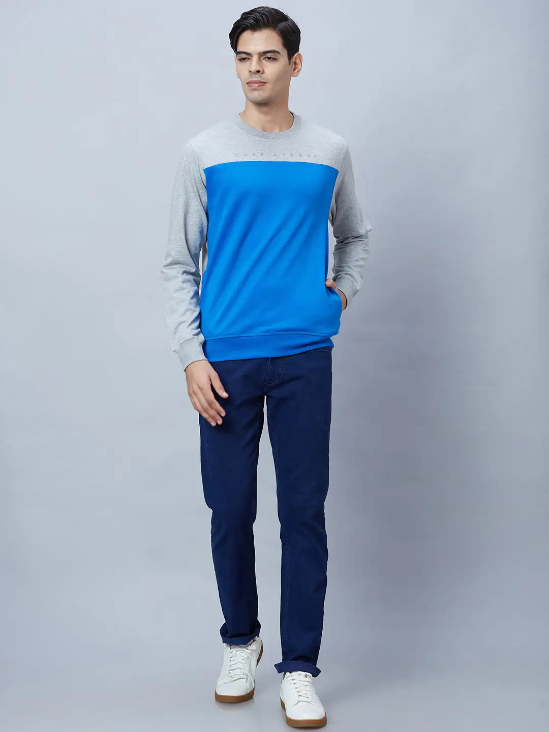 Men Blue Slim Fit Solid Cotton Blend Sweatshirts - Image 5