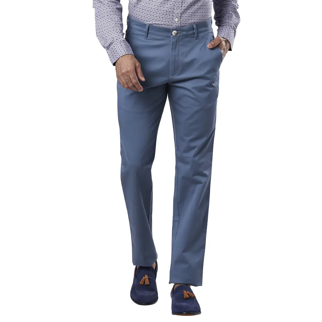 Men Blue Slim Fit Solid Cotton Blend Trouser