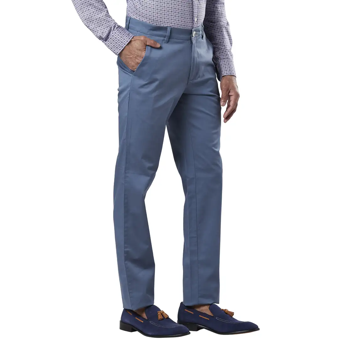 Men Blue Slim Fit Solid Cotton Blend Trouser - Image 2