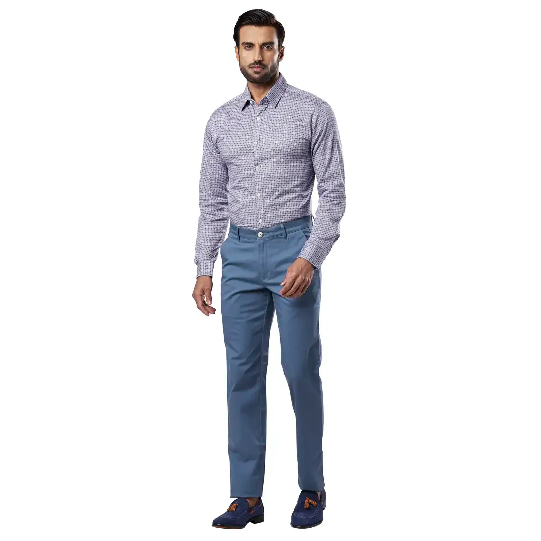 Men Blue Slim Fit Solid Cotton Blend Trouser - Image 5