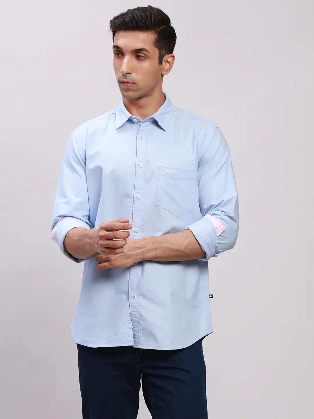 Men Blue Slim Fit Solid Cotton Full Sleeve Cut Away Collar Shirts