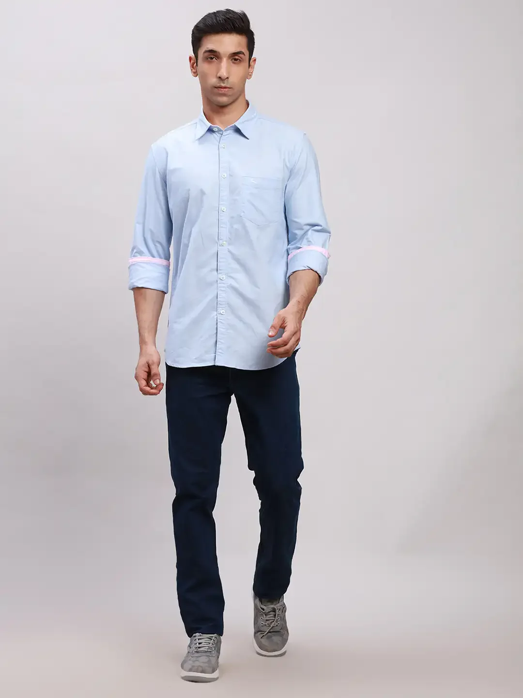 Men Blue Slim Fit Solid Cotton Full Sleeve Cut Away Collar Shirts - Image 5
